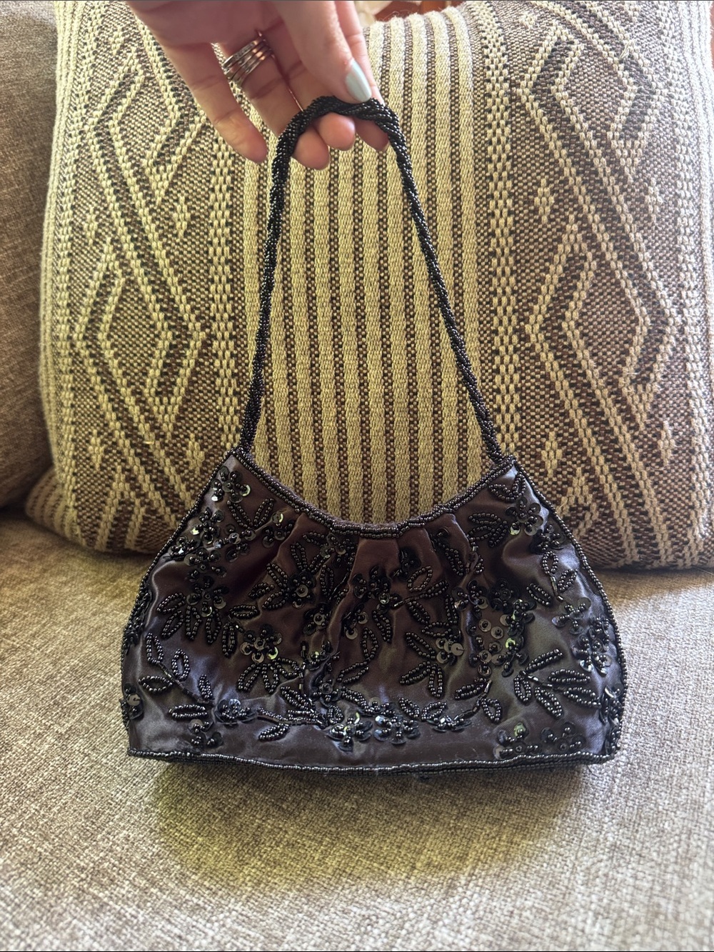 La Regale Y2K  Black Beaded Floral Evening Mini Bag